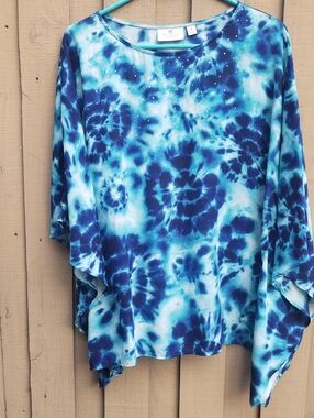 Quacker Factory Blue Tie-Dye Flowing Tunic Top Medium